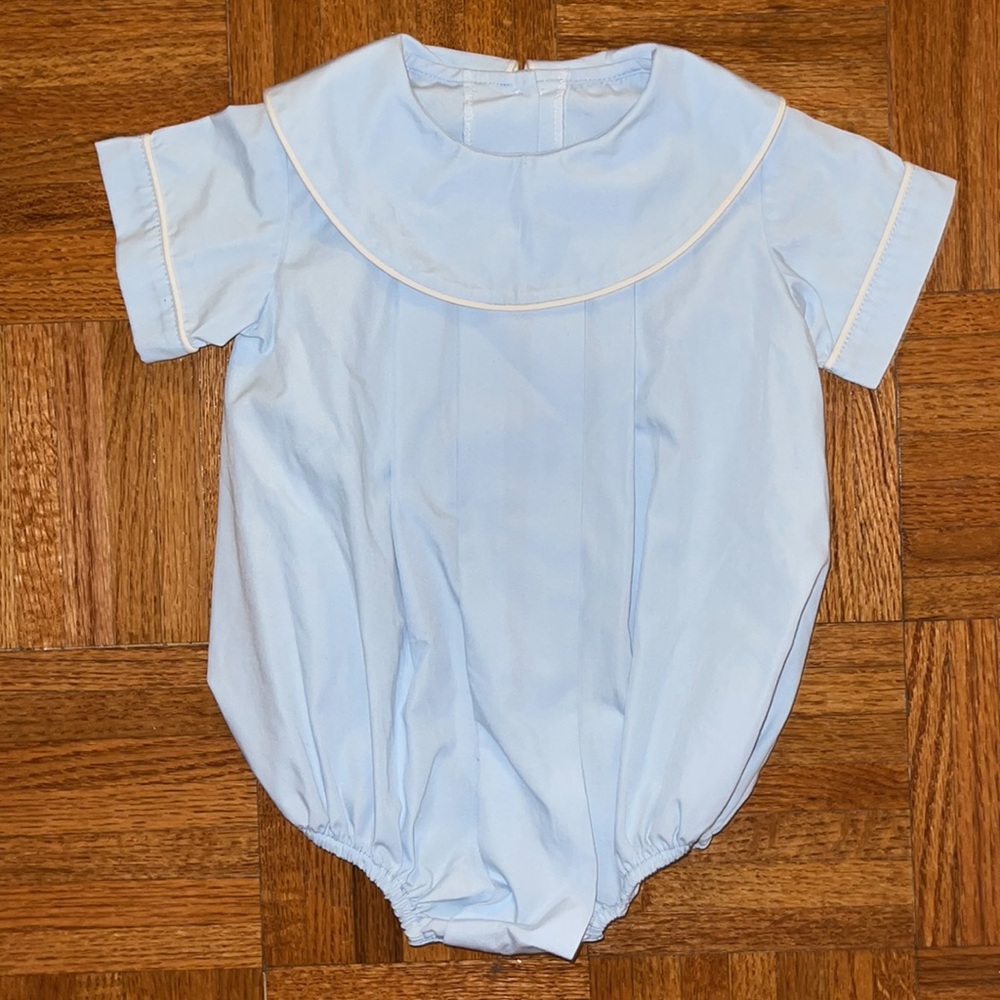 Blue romper with white trim large collar perfect for monogramming. 6 months